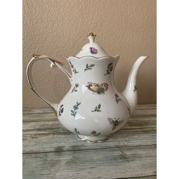 Burton + Burton Morning Meadows Teapot Butterflies Bees Flower Gold Trim - 4 Cup - Picture 11 of 16